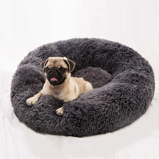 Functional BODISEINT Faux Fur Dog Bed Cat Bed Shag Round Anti-Anxiety Pet Calming Bed Doughnut Cuddler for Medium Large Puppy Dog Cat Kennel Cushion Self Warming Bed 28” D x 8” H Dark Grey About ThisOverview Pure