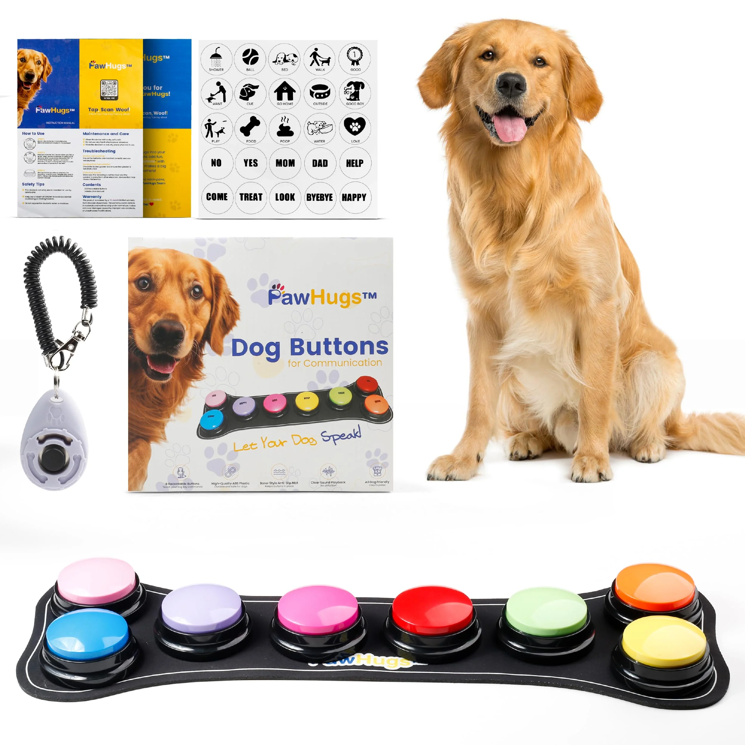 Genuine PAWHUGS Dog Buttons for Communication – 6-Pack Recordable Talking Buttons with Mat Clicker and Training Guide Carefully Designed