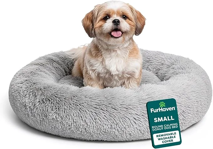 Exclusive FurHaven 23 Calming Donut Dog Bed for Small Dogs Cats Round Plush Donut Design with Soft Filling for Snuggling Comfort Removable Washable Cover Small Shaggy Faux Fur Mist GrayAbout ThisOverview Flexible