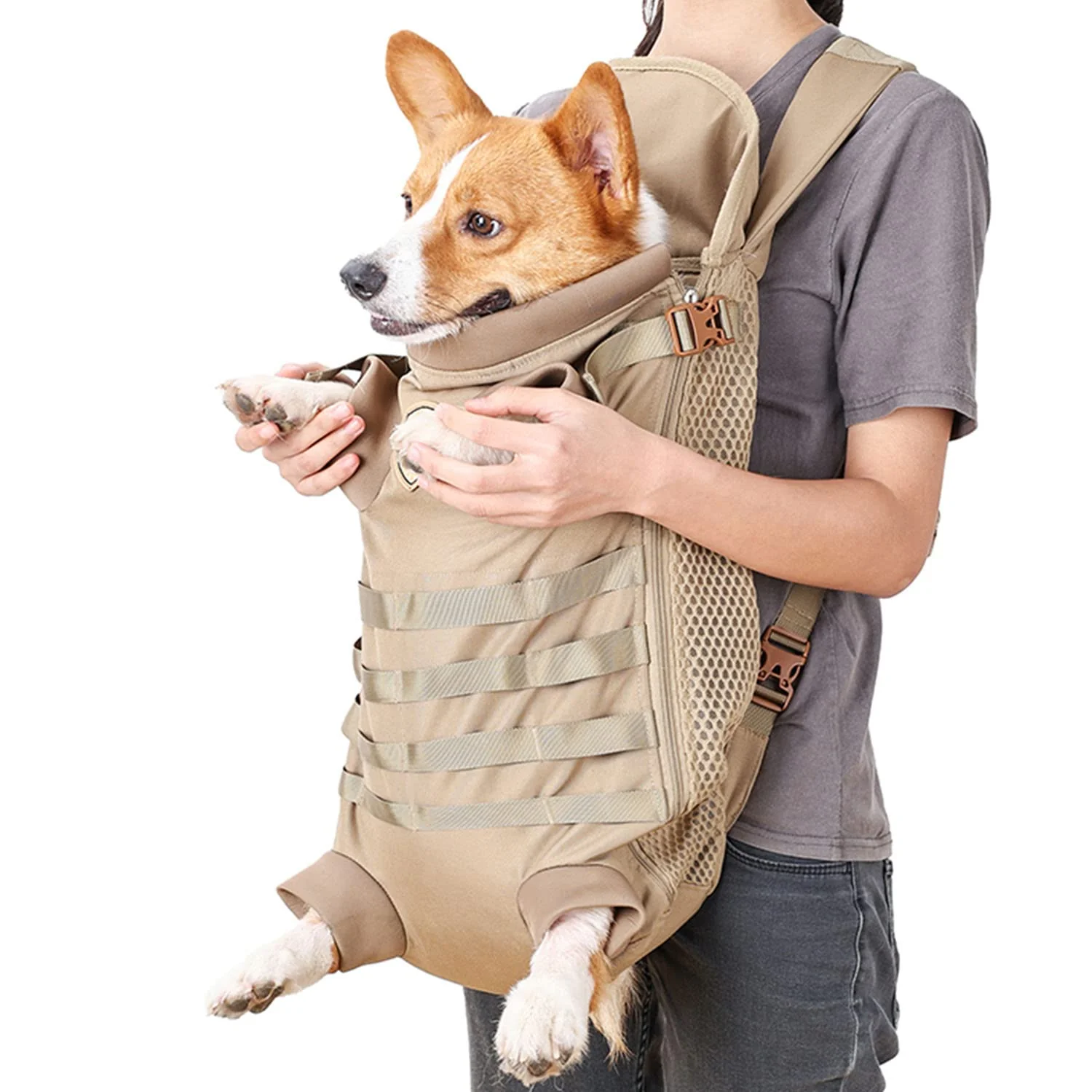 Superior FLAdorepet Dog Carrier Tactical Backpack – Hands- Front Back Carry Khaki Smart