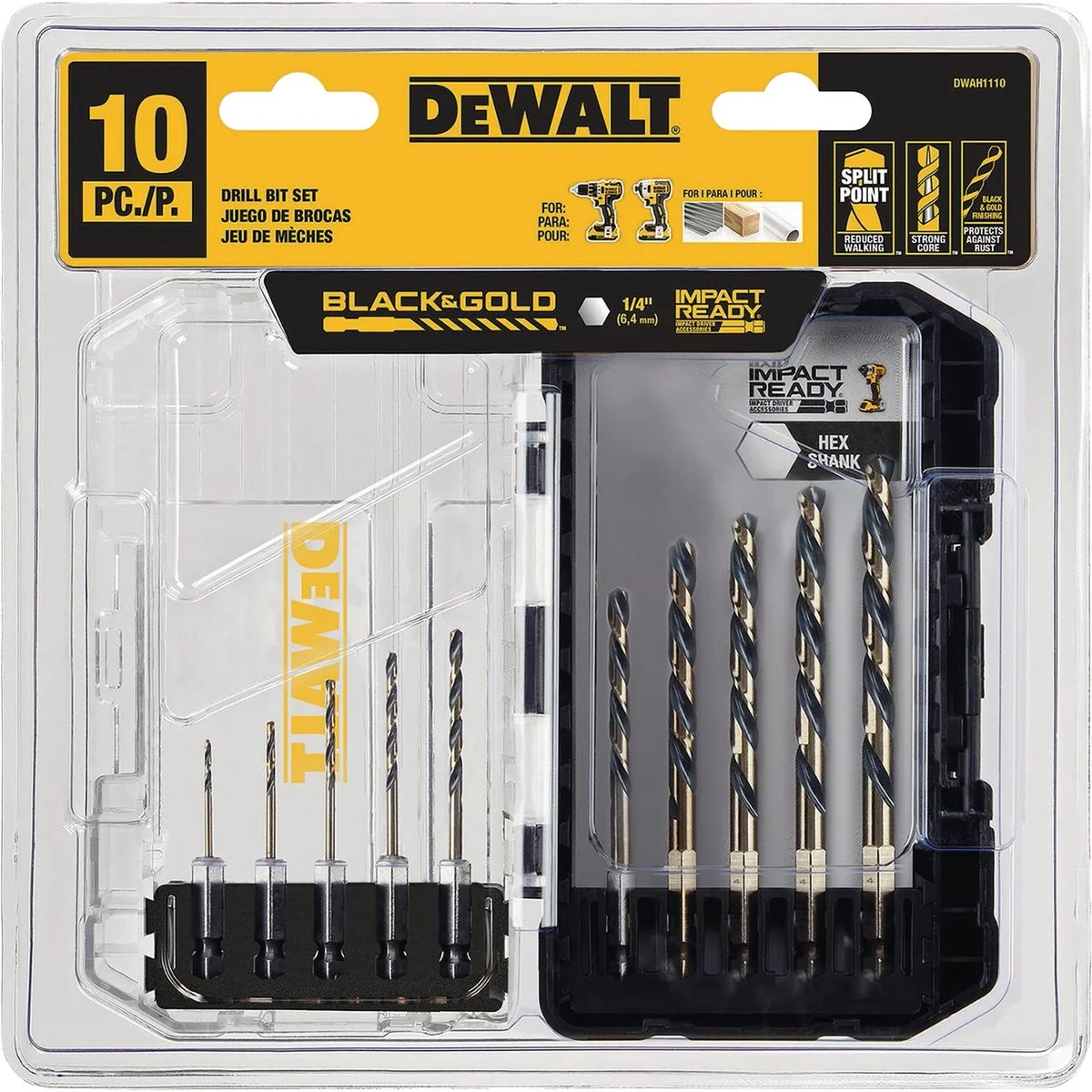 Premium Material DeWalt Black Gold Impact Ready High Speed Steel Hex Shank Drill Bit Set 10-Piece Environmentally Friendly