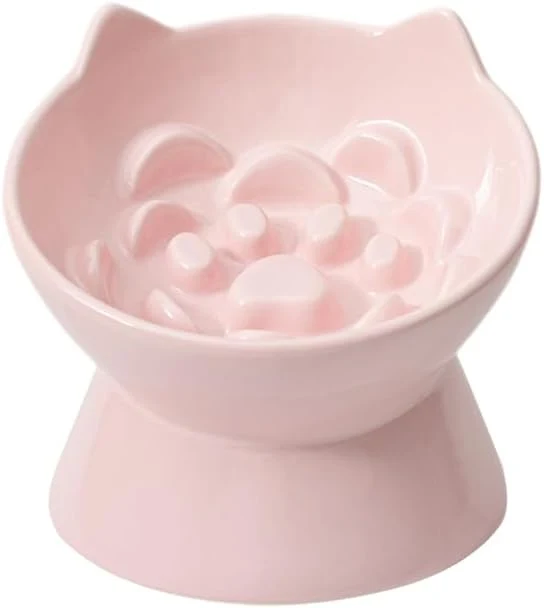 Pure Macarons Series Ceramic Slow Feeder Cat Bowl Raised Puzzle Feeder Anti Vomiting Cat Slow Feeding d Food Bowl Whisker Friendly Pet Bowl with Cute Ear Design Pink About ThisOverview Smart