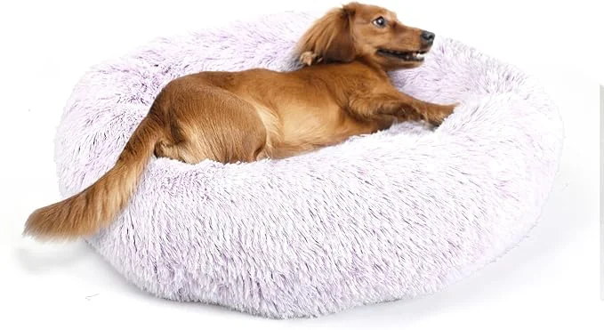 Pure Calming Dog Bed for Medium Dogs Washable Donut 30 inches Anti-Slip Pet Bed Round Fluffy Plush Faux Fur Cat Bed Fits up to 45 lbs Pets Gradient PurpleAbout ThisOverview Sophisticated