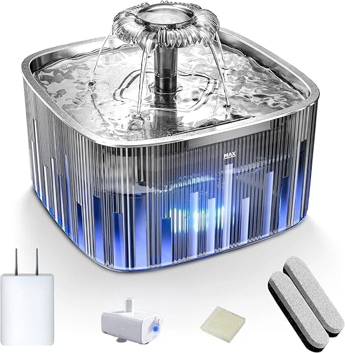World-Class Cat Water Fountain Stainless Steel 77oz 2.2L water fountains for cats indoor – cat water fountain for Drinking -Automatic Cat Watering Bowl Dispenser -Pet Water Fountain Inside with Flower Kitty SpoutAbout ThisOverview Effective