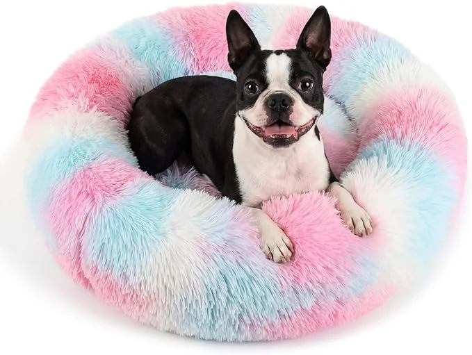 Exceptional Calming Dog Bed for Medium Dogs Washable Donut 30 inches Anti-Slip Pet Bed Round Fluffy Plush Faux Fur Cat Bed Fits up to 45 lbs Pets Multi ColoredAbout ThisOverview Environmentally Friendly