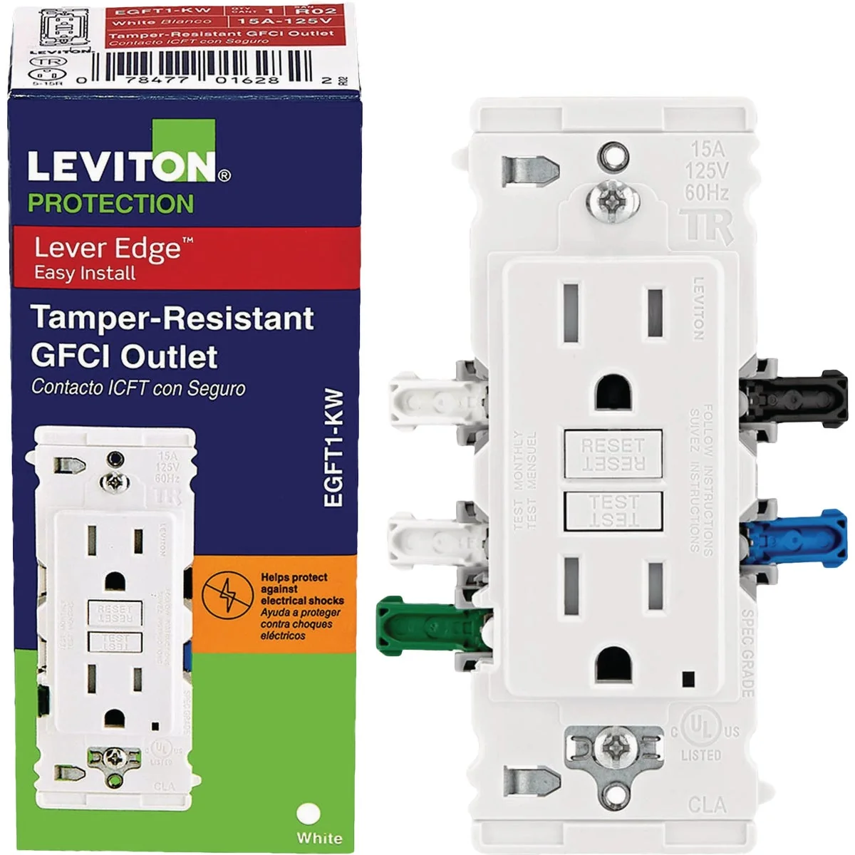 Selected Leviton Lever Edge Self-Test 15A White Tamper-Resistant GFCI Duplex Outlet Fine