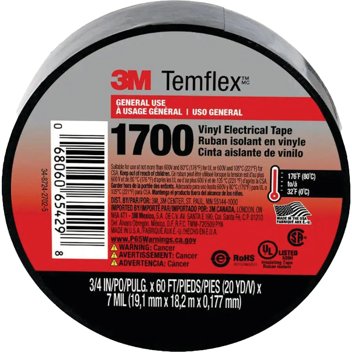 Eco-Friendly 3M Temflex 1700 3 4 In. x 60 Ft. Vinyl Electrical Tape Exceptional