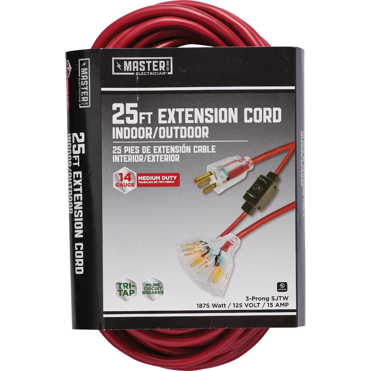 Reusable Master Electrician 25 Ft. 14 3 SJTW Red Outdoor Extension Cord with Fan Tap and Inline Circuit Breaker Traditional