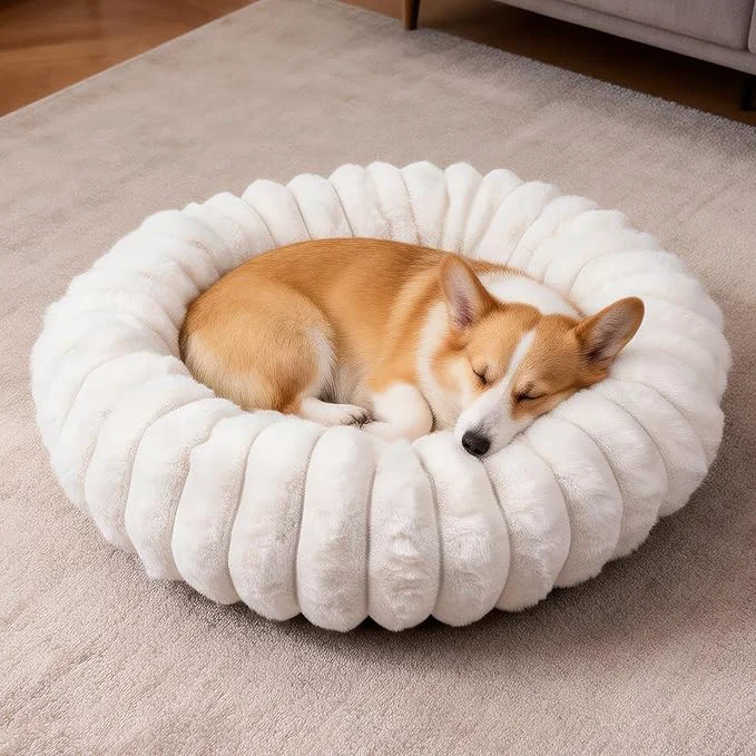 Fine Crafted Donut Dog and Cat Bed Luxurious Comfortable Faux Rabbit Fur Pet Beds Soft Anti-Anxiety Calming Puppy Kitten Bed with Anti-Slip Bottom for Small Medium Dogs Cats 23 White About ThisOverview Reliable