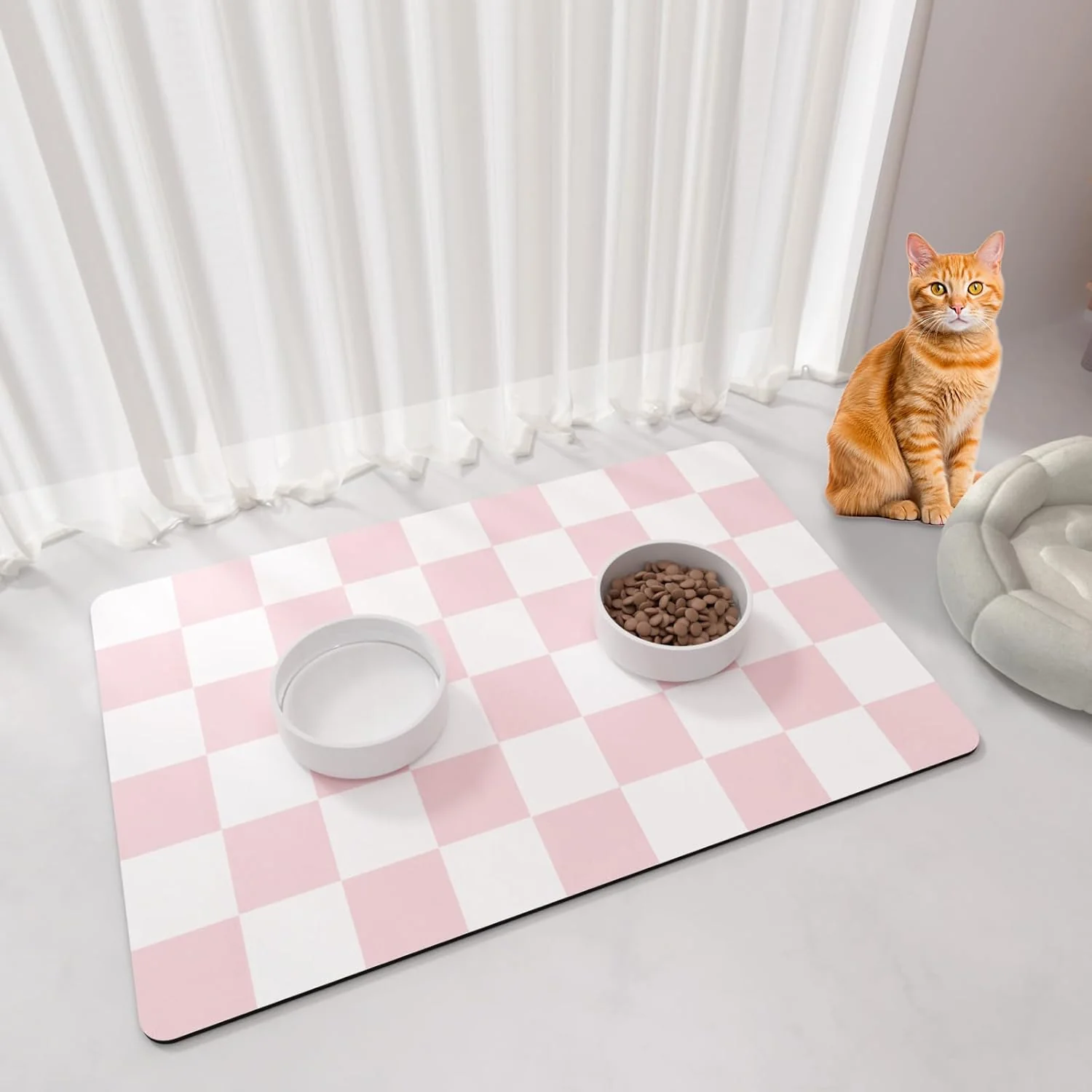 Classic Pet Feeding Mat 16 x 24 Absorbent Dog Food Mat Checkered Cat Bowl Mats Easy to Clean Pet Placemats Quick Dry Dog Water Dispenser Mats for Messy Drinkers Pink White User-Friendly