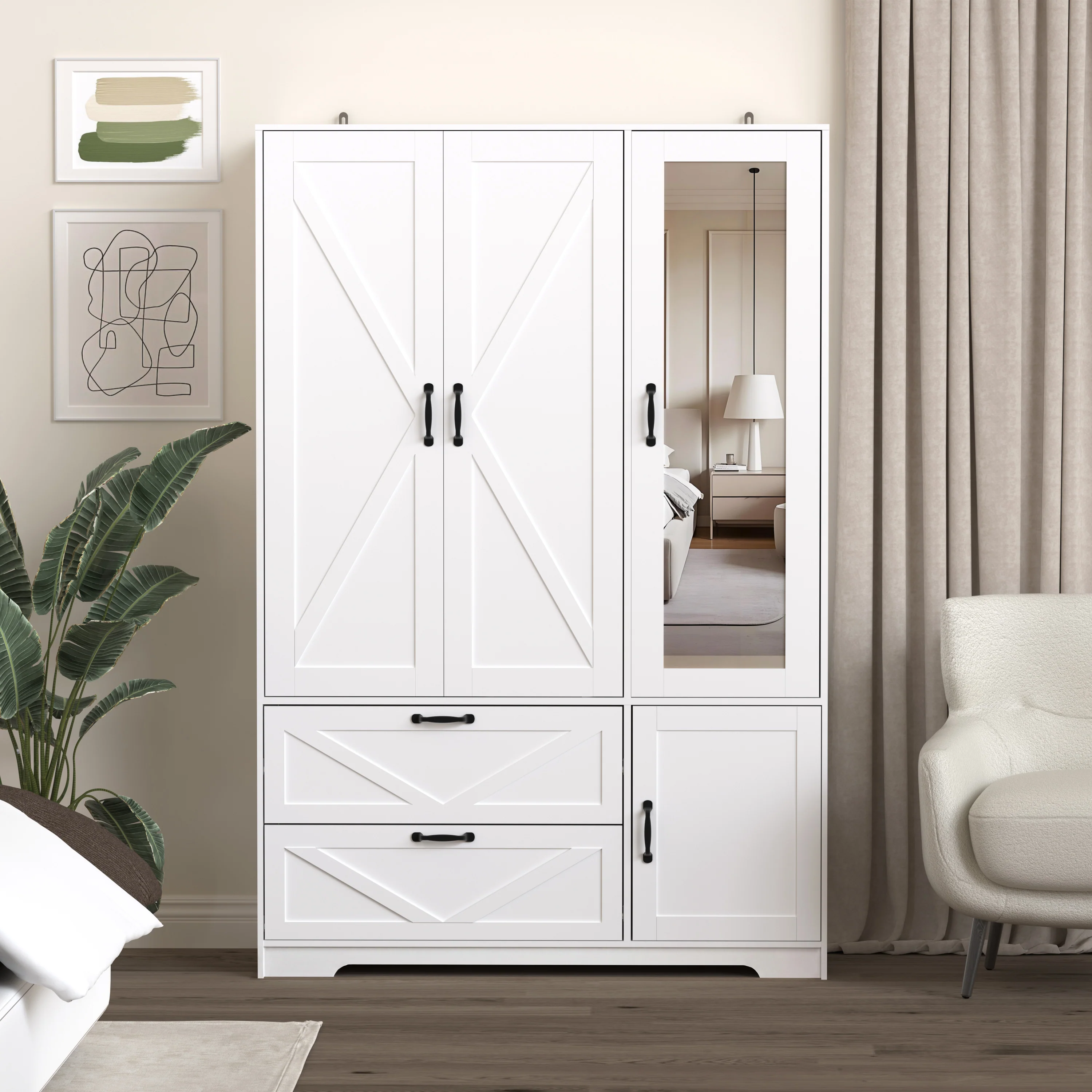 Clean 4 Doors Wardrobe Closet with Mirror Wooden Wardrobe Storage Cabinet Crafted