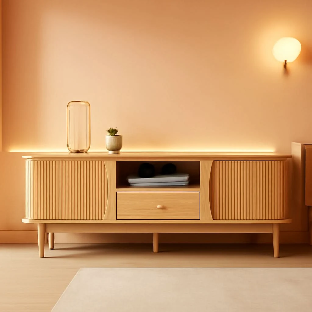 Fine Natural Finish Entertainment Console With Sliding Door Environmentally Friendly