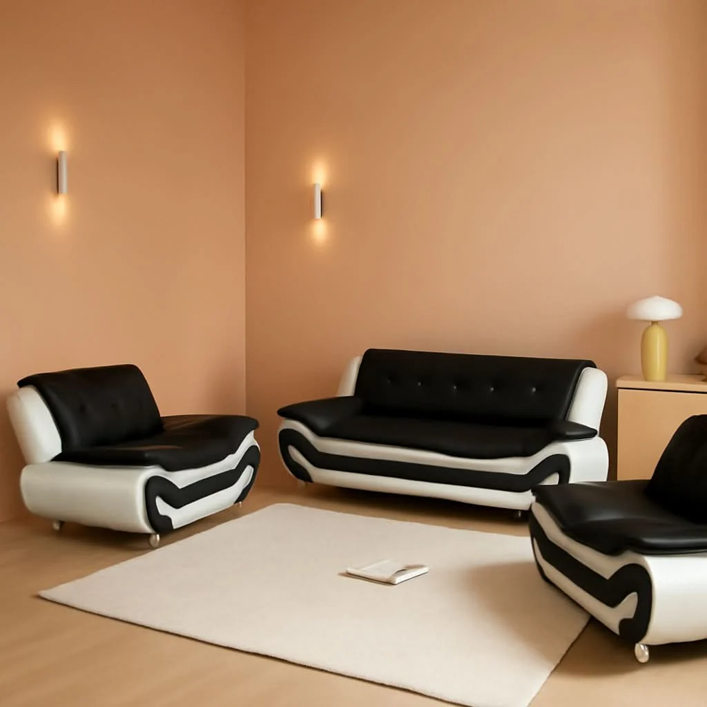 Outstanding Vegan Leather Sofa Set 3 Piece Living Room Furniture White and Black Contemporary