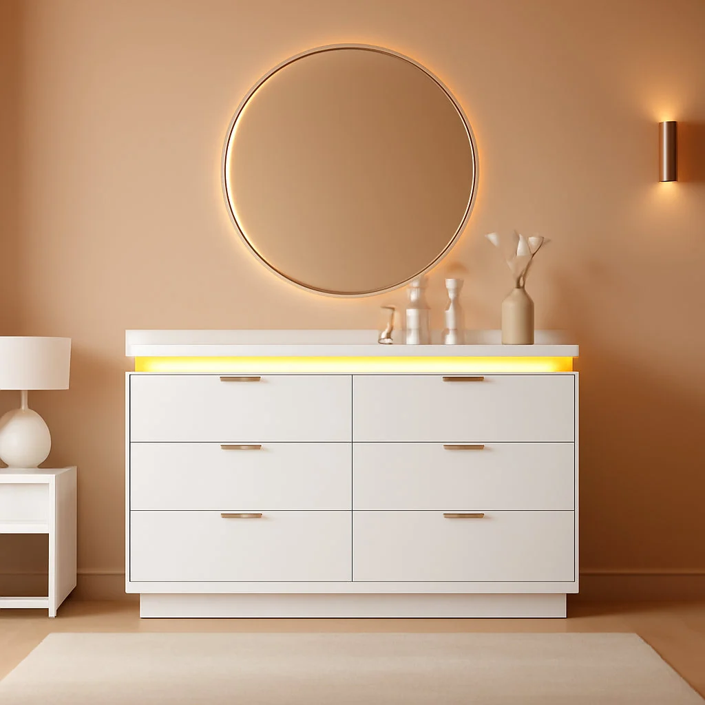 High-Grade White Dresser With Integrated LED Lighting Charging Outstanding