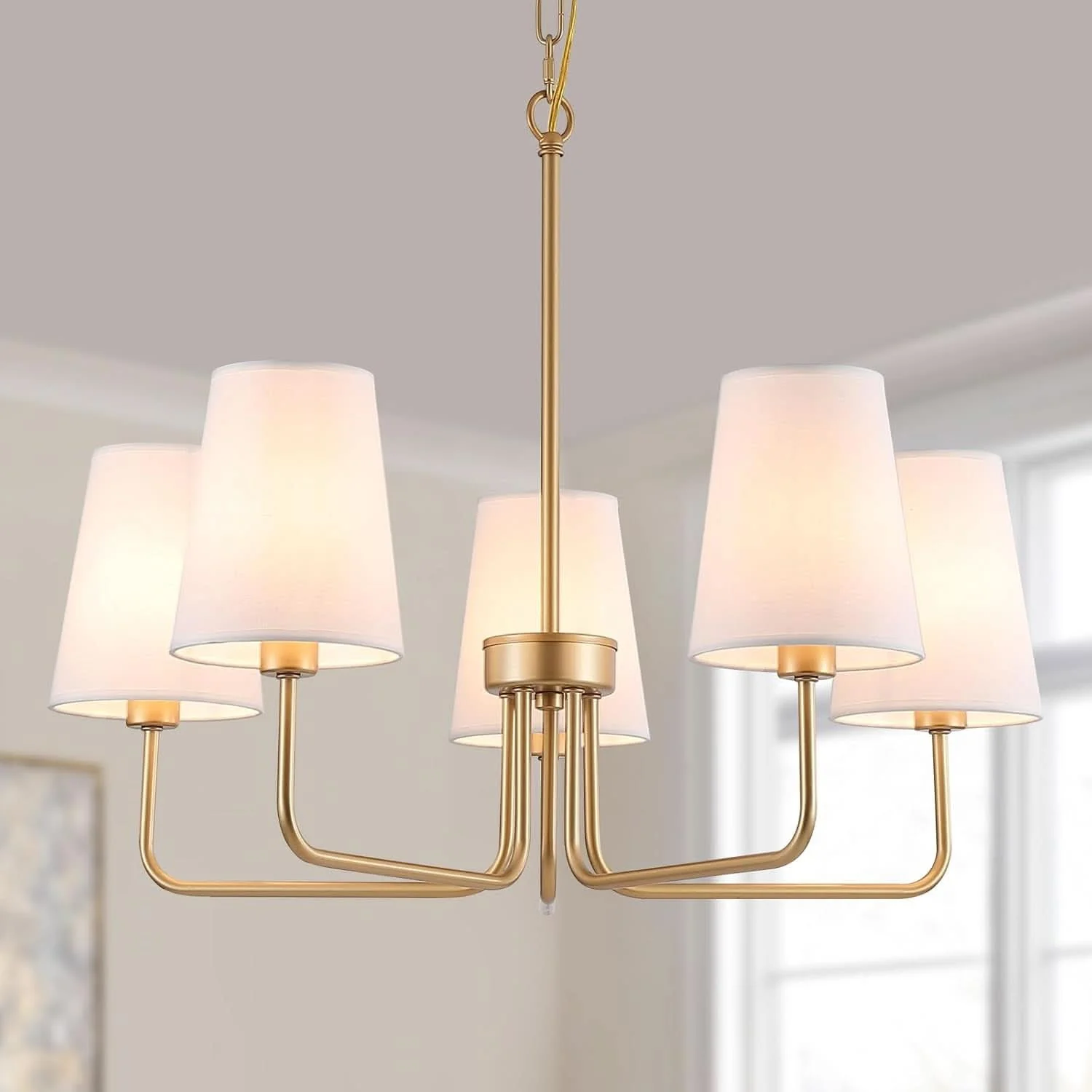 Excellent Five Light Gilded Farmhouse Chandelier With White Shades High-Quality
