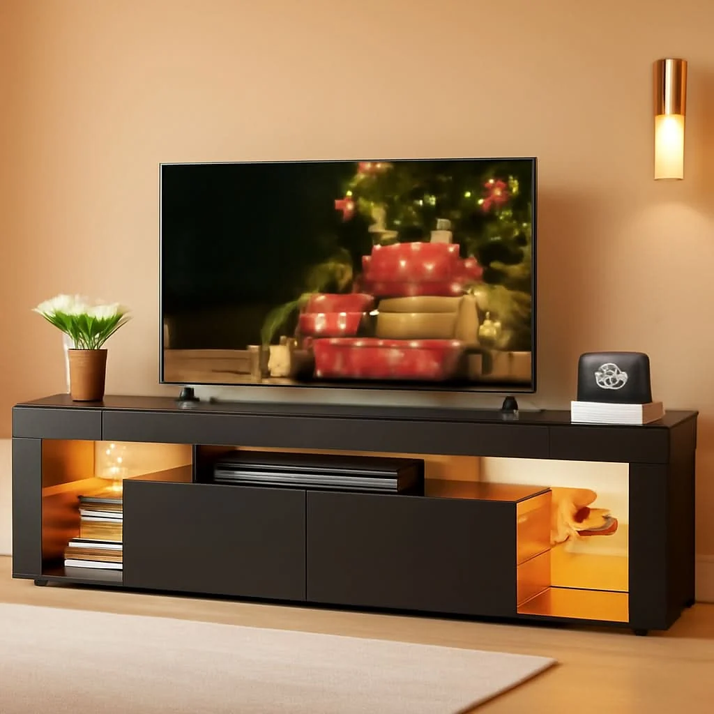 Consistent 63 Inch Black LED TV Stand With 2 Drawers For Living Room Sophisticated