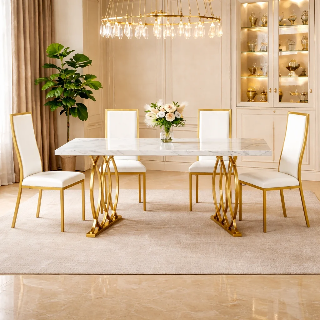 Trusted 63 Faux Marble Dining Table Set with 4 White Chairs Gold Metal Base Superior