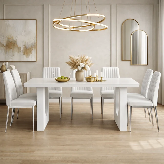 Traditional 71 Inch Modern Dining Table Set with 6 PU Leather Chairs White Dining Authentic