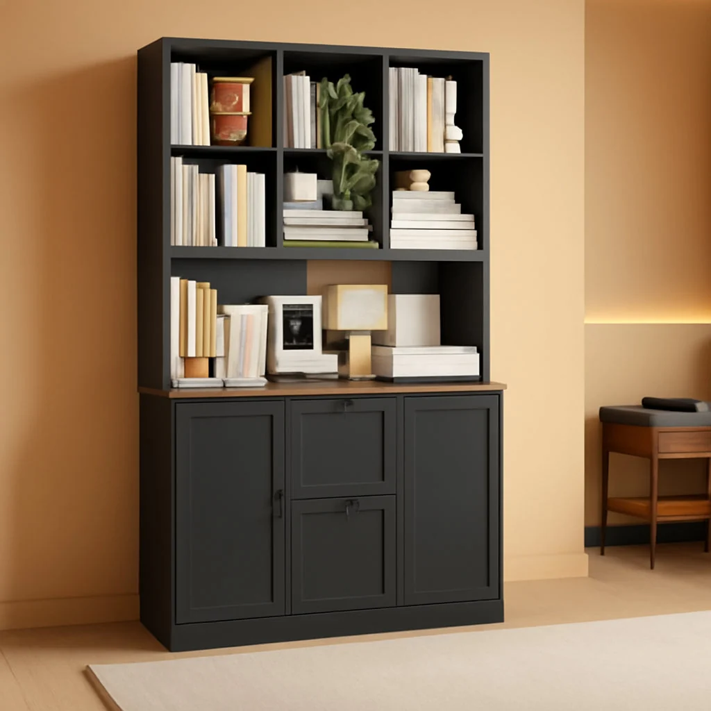 Traditional Seventy Two Inch Tall Black Bookcase With Power Out let System Genuine