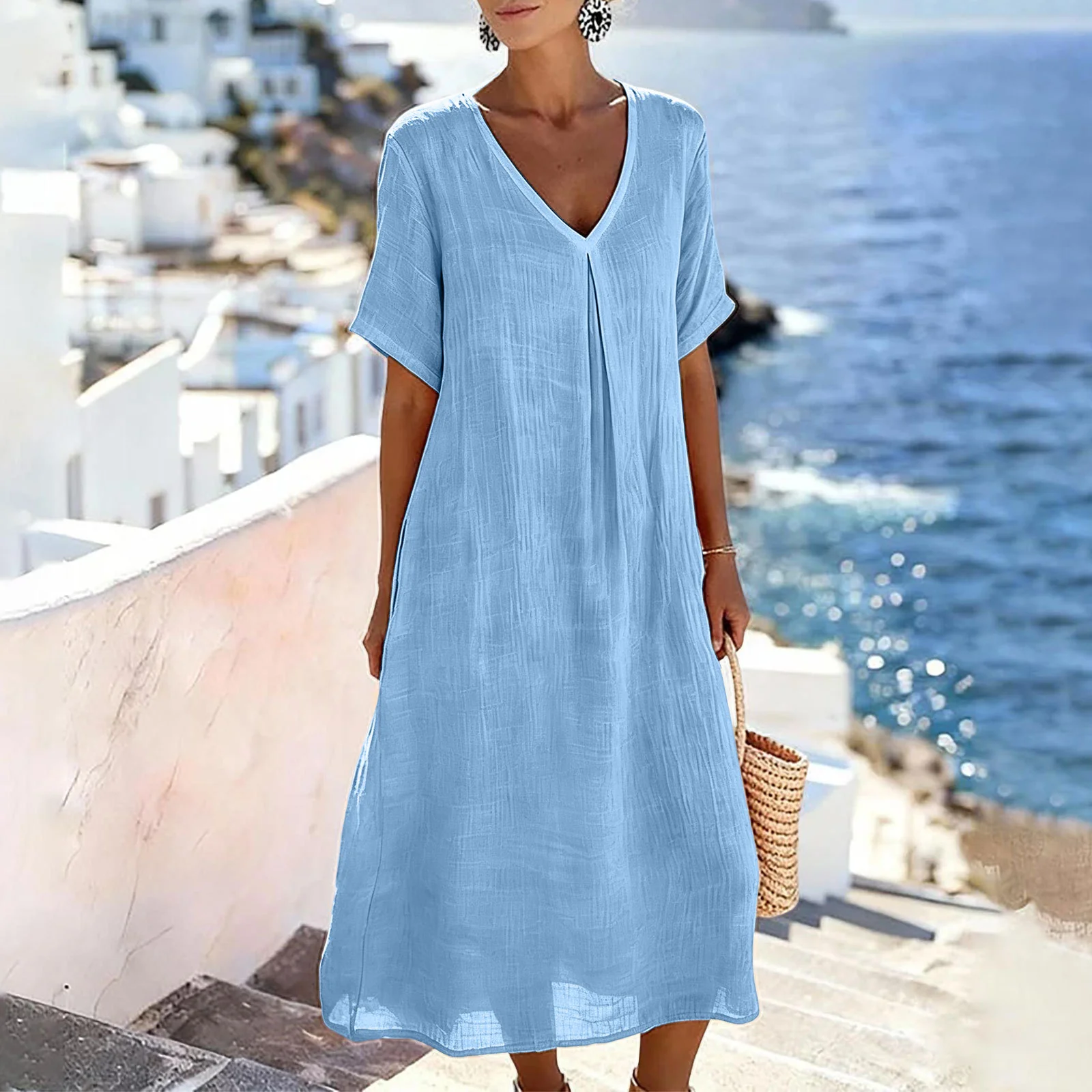 Relaxed Women’s Cotton Linen Dress – V-Neck Pocket Short Sleeve Maxi Verified