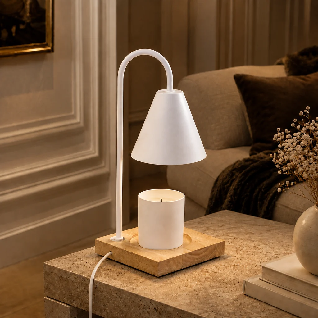 Detailed Lampe Chauffe-Bougie Minimaliste Effet Bois – Maison Milaya Expertly Made