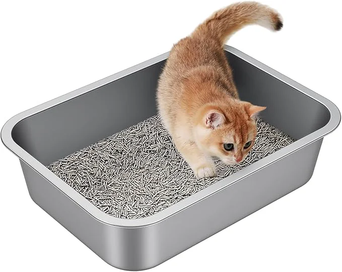 Secure Stainless Steel Litter Box – Metal Small Cat Kitty Litter Box Pan Indoor Low Entry Litterbox Tray Odor- Non-Stick Easy Cleaning Pet Toilet Supplies for Kitten Rabbit DogAbout ThisOverview Fashionable