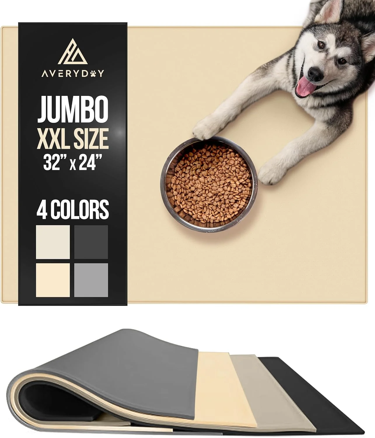 Eco-Friendly AVERYDAY 32×24” Silicone Dog Mat for Food and Water 0.63” Edge Dog Food Bowl Mats for Floor Waterproof Dogs Water Mat for Sloppy Drinker Non Slip Rubber Pet Feeding Mats for Indoor Dogs and Cats Quality
