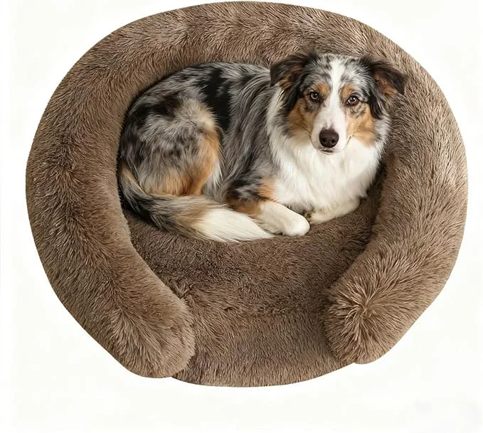 Recyclable Calming Cute Dog Beds for Medium Dogs Orthopedic Cushion Anti-Anxiety Donut Cuddler Bed Soft Fluffy Faux Fur Plush Warming Cozy Removable Cover Fits up to 35 lbs Pets Round Coffee 28 About ThisOverview Advanced