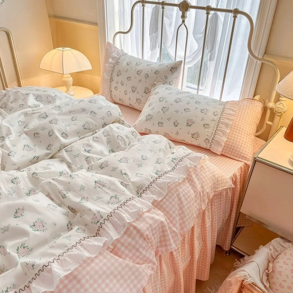 Comfortable Kawaii Grandma Pink Plaid Bedding Duvet Cover Set Quality