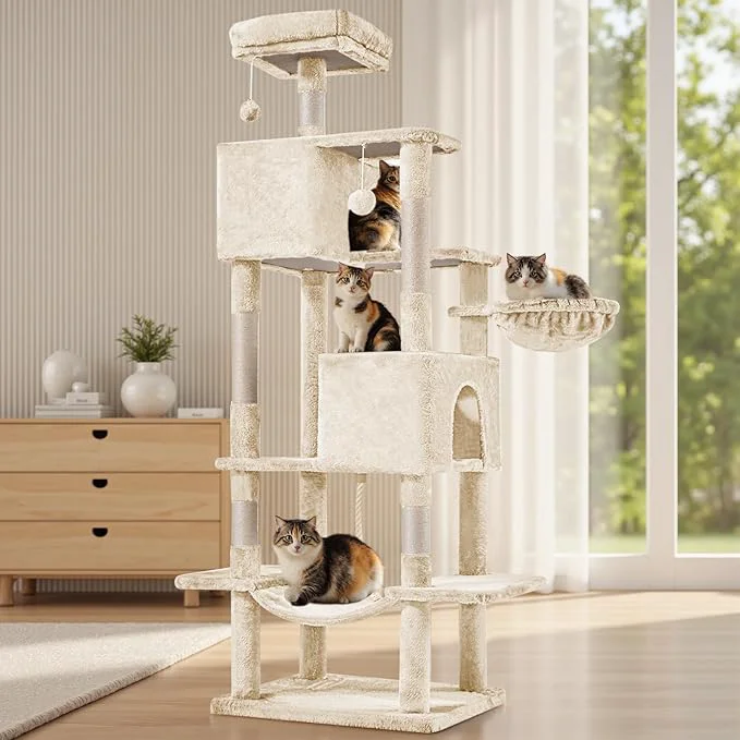Relaxed Large Cat Tree 66 Inch Sisal Scratching Posts and Hammock Pet Play House Pure