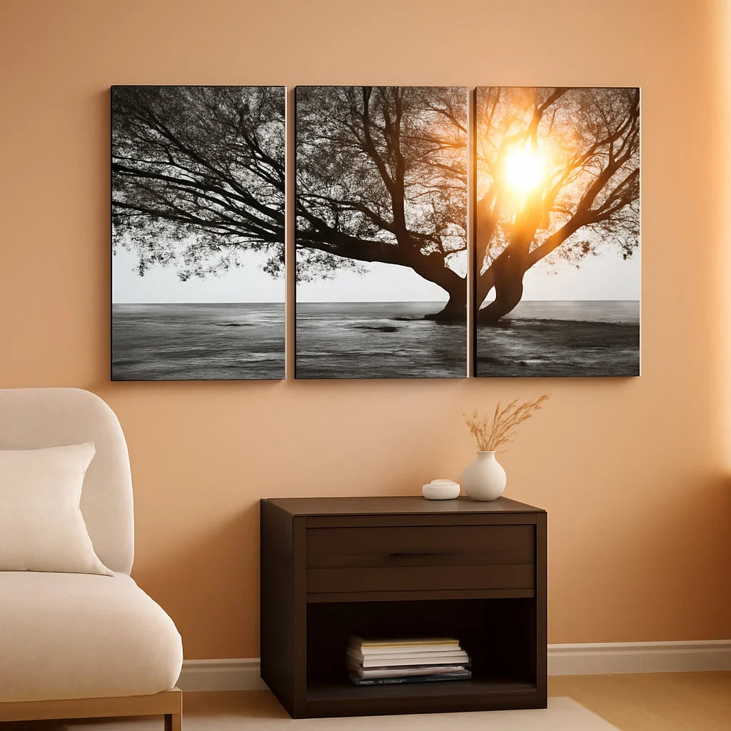 Contemporary Three Piece Black White Tree Landscape Framed Canvas Reliable