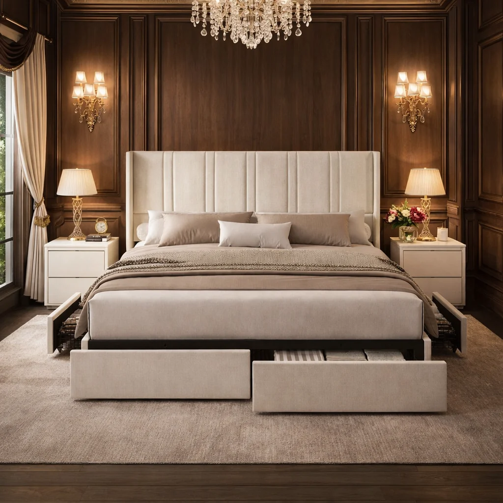 Exceptional Queen White Wingback Storage Bed with 2 Nightstands Set with Drawers a Long-Lasting