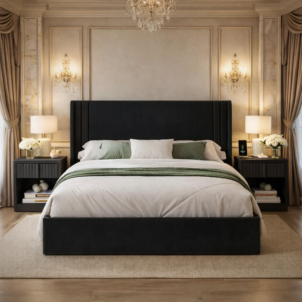 Eco-Friendly Queen Velvet Wingback Bed with 2 Fluted Nightstands Set Black Upholste Trusted