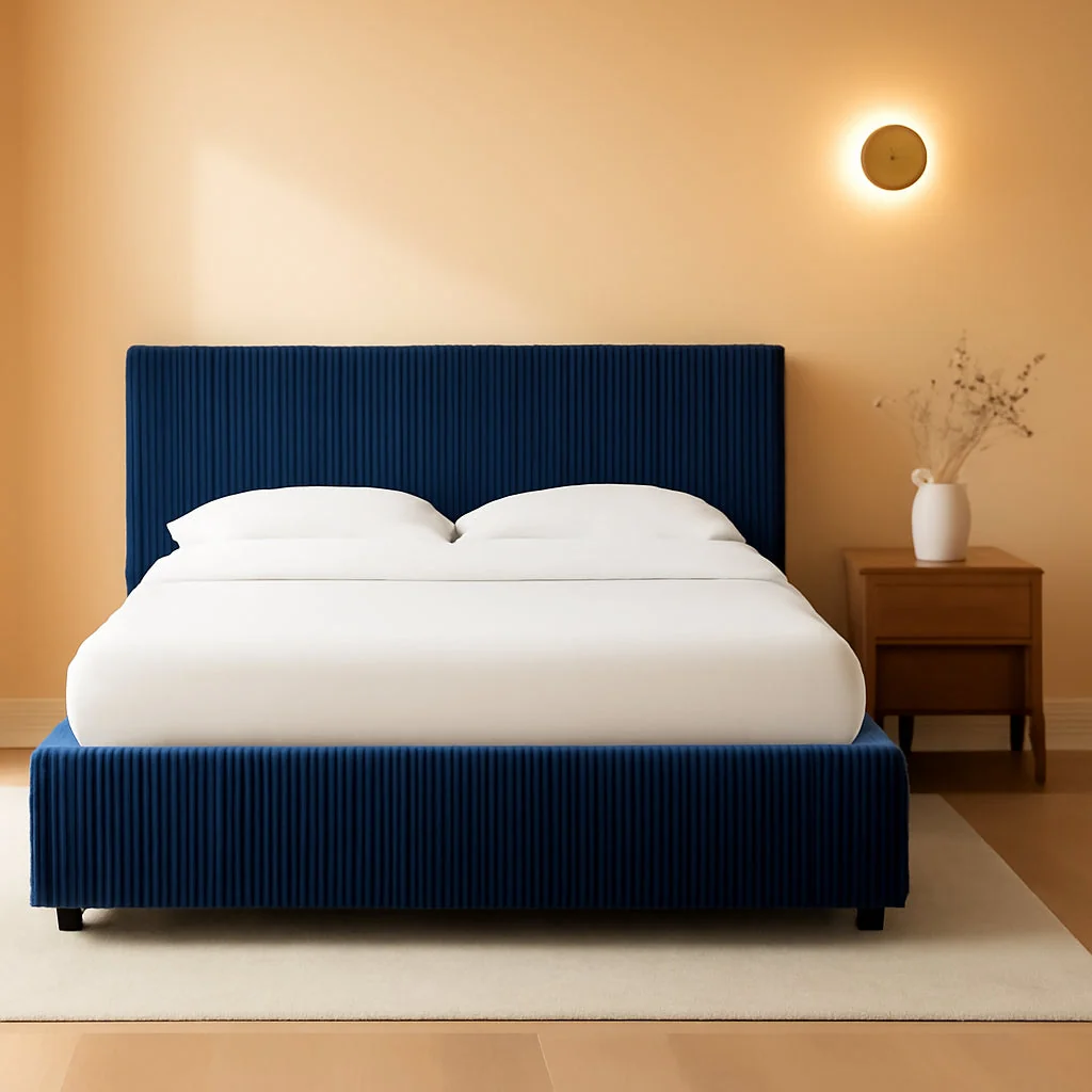 Excellent Navy Corduroy Queen Bed With Headboard Tufting Detail Reusable