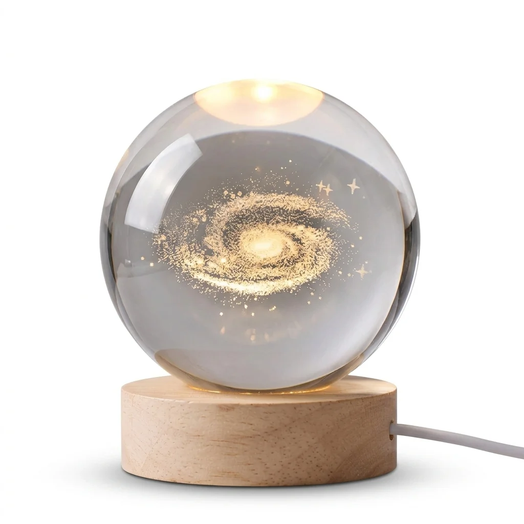 First-Class Crystal Ball Night Light 3D Earth Galaxy Wood Base Organic