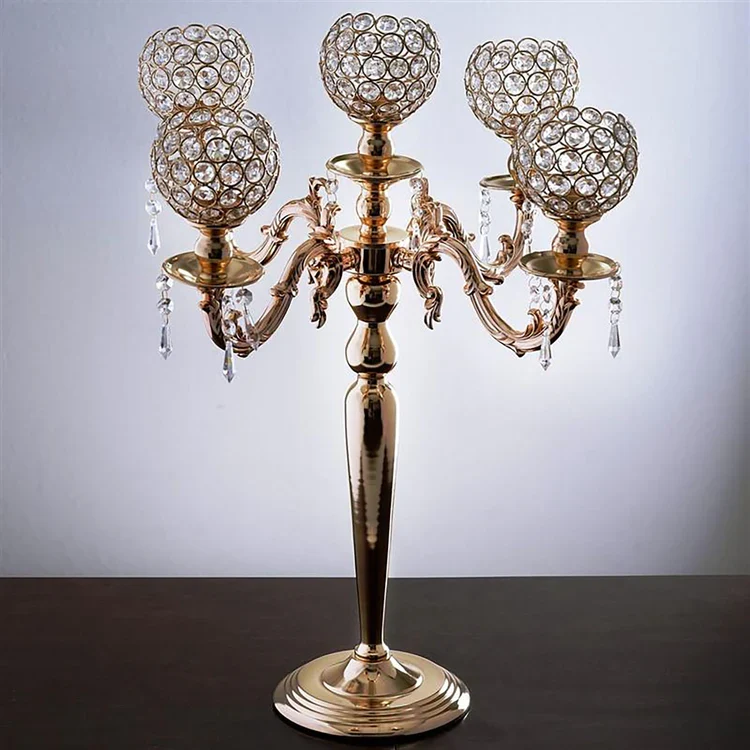 Unique Gold Crystal Beaded Globe Metal Candelabra Candle Holder 25 Tall 5 Arm Green