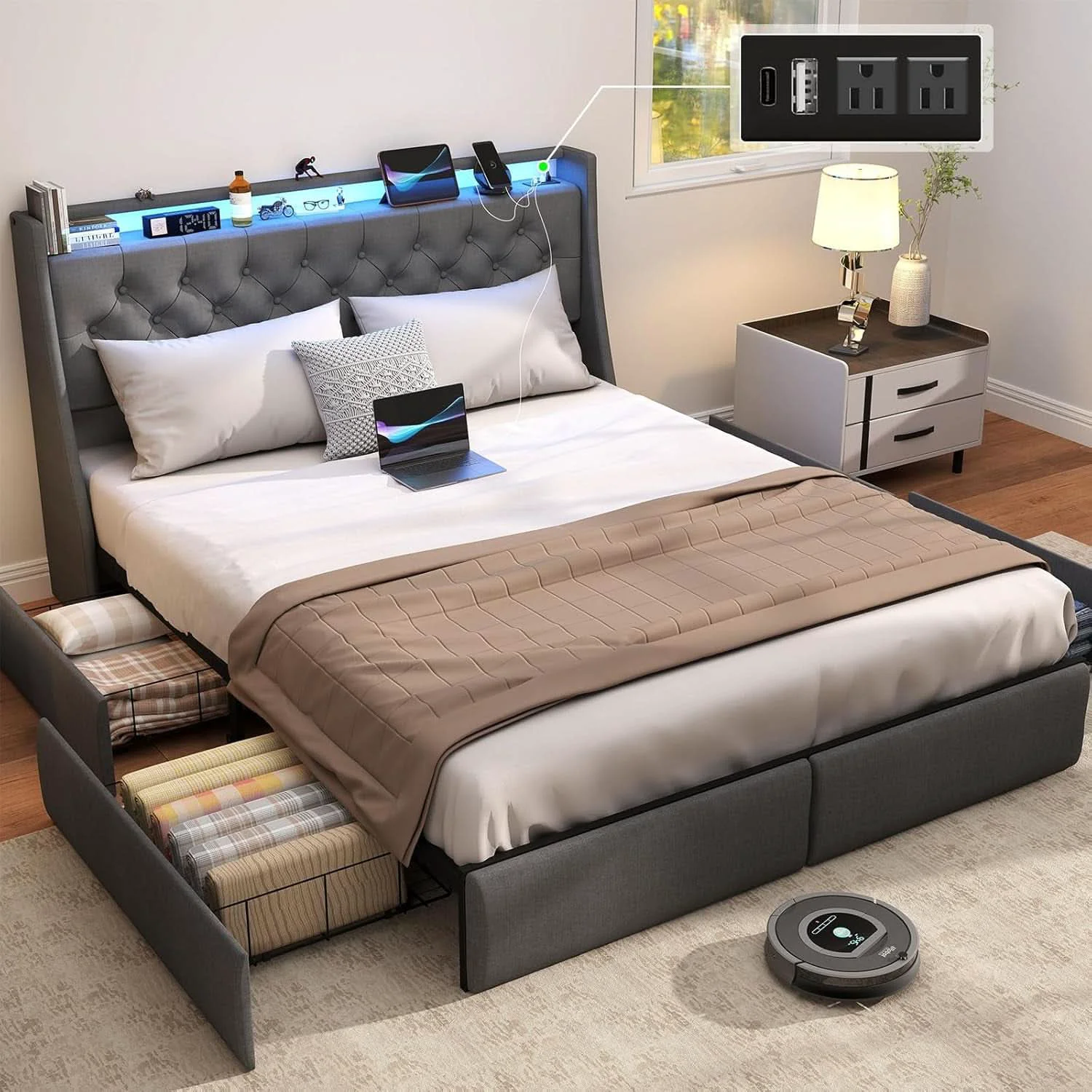 Artisan Queen Bed Frame With Storage Headboard LED Lighting High-Performance