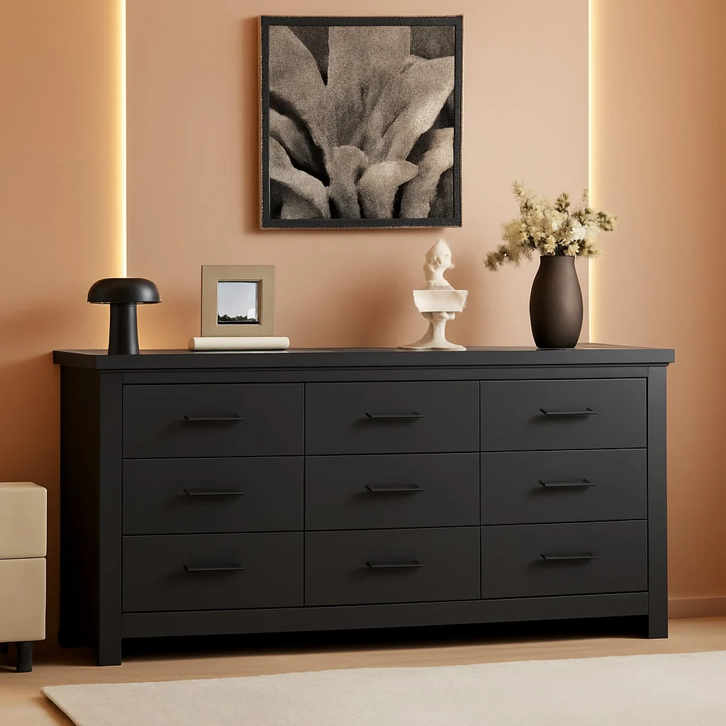 Secure Black Vintage Ornate Solid Wood Dresser With Nine Drawers Certified