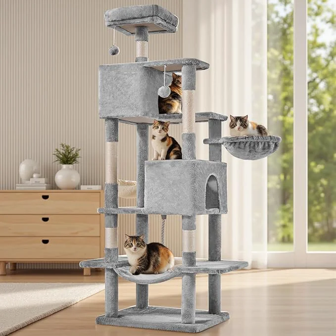 Relaxed Large Cat Tree 66 Inch Sisal Scratching Posts and Hammock Pet Play House Enhanced