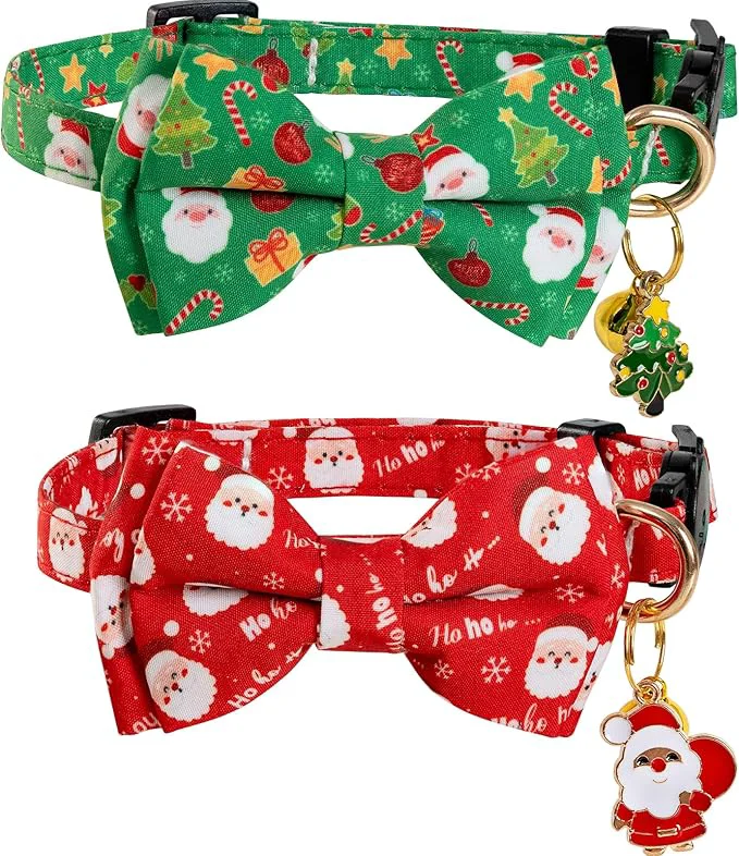 Top-Quality Christmas Cat Collar with Cute Bow Tie Bell 2Pack Red Green Santa Claus Pure