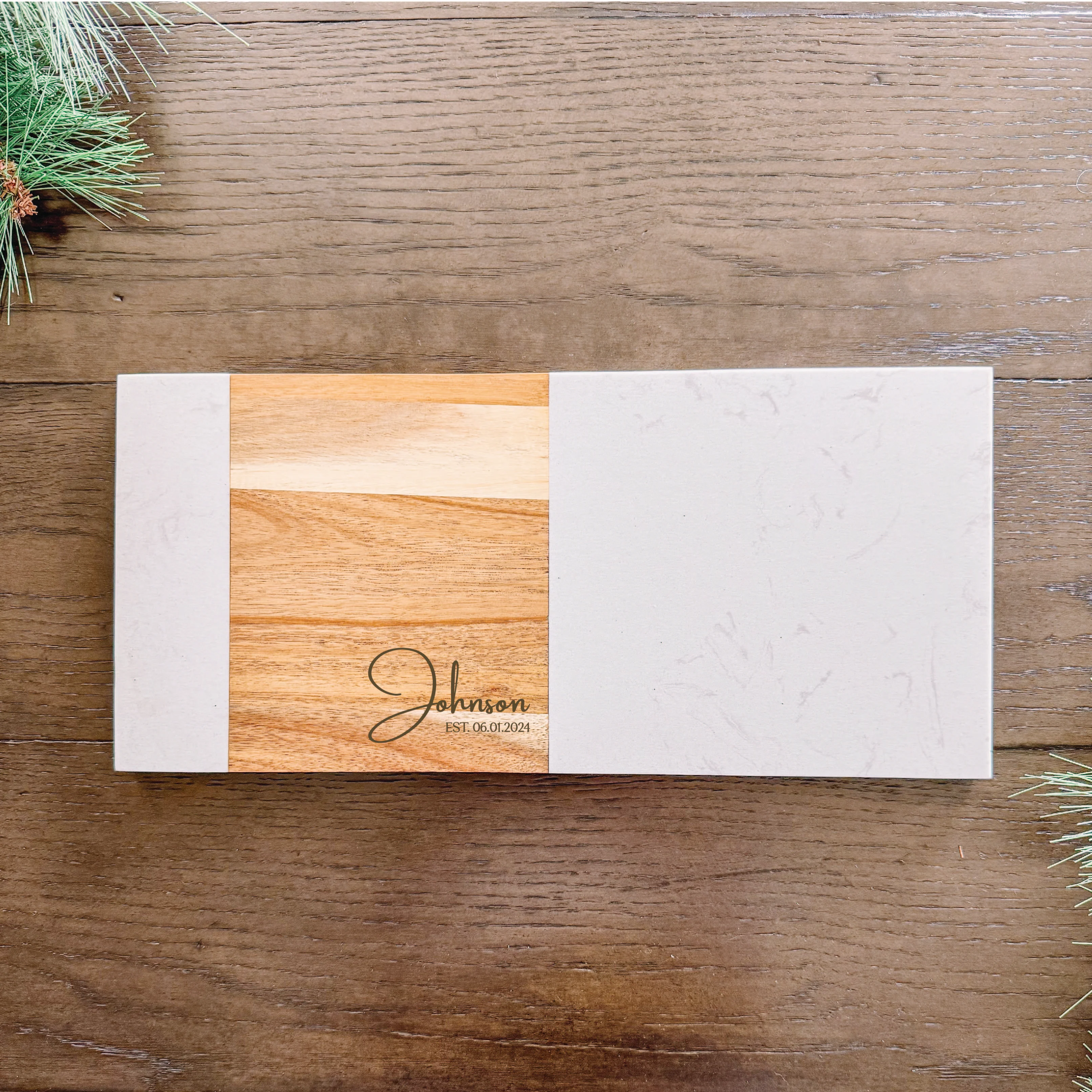 Sophisticated Personalized Gift Marble Acacia Charcuterie Board 15 x 7 Recyclable