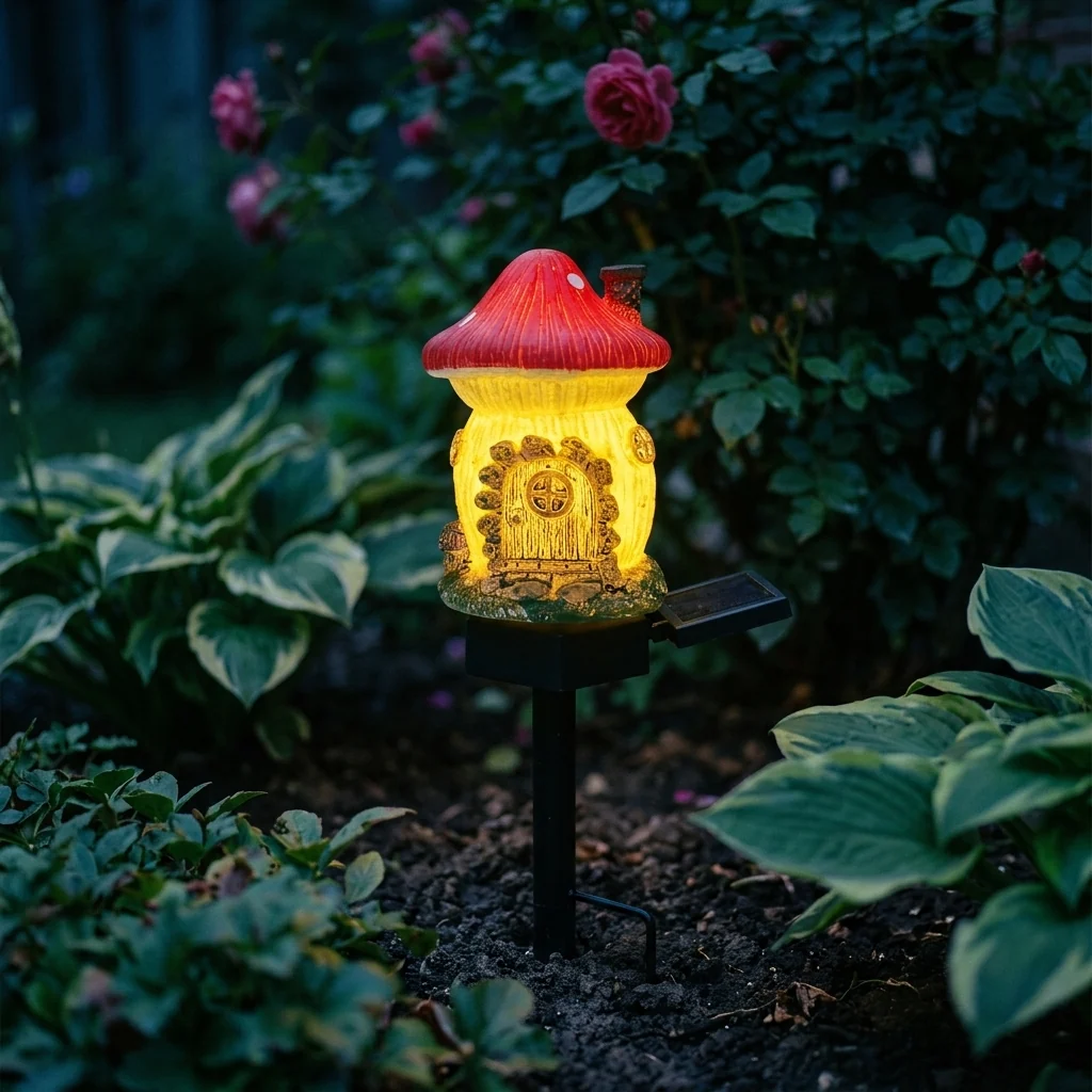 Flexible Solar Fairy Mushroom House Light Glows from Windows Consistent