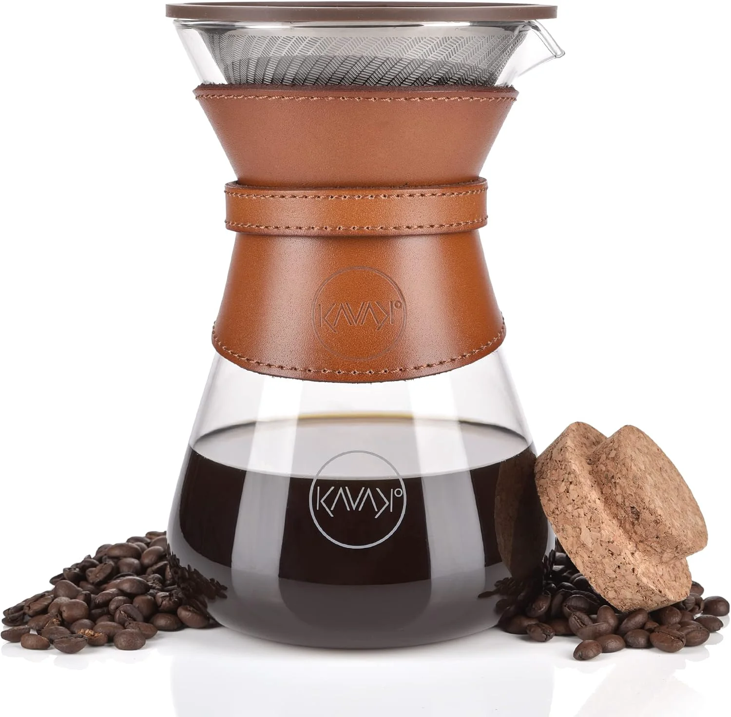 Fine Crafted Pour Over Coffee Maker Set with Double-Layer Stainless Steel Filter Coffee Dripper Cork Lid and Leather Collar Holder – High Heat Resistance Borosilicate Glass Carafe Great Gift Idea 37 oz Premium