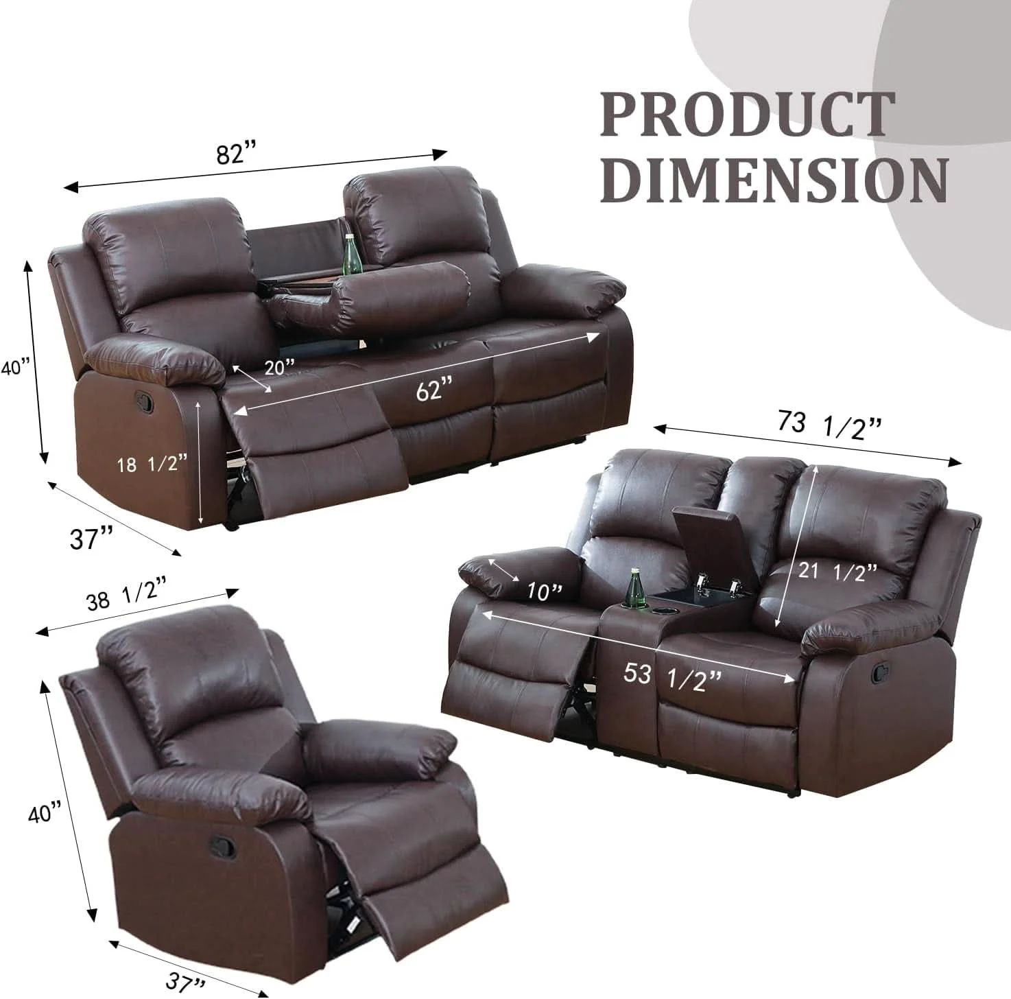 Specialty Manual Leather Recliner Sofa Set Brown For Living Room Stylish