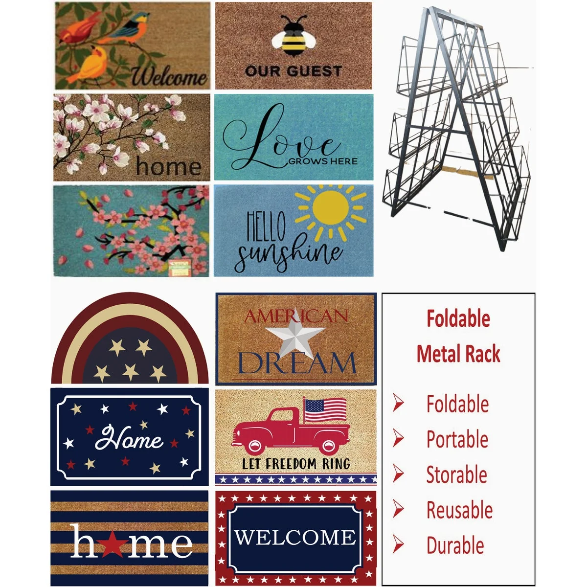 Recyclable Rockport Premium 72-Piece Spring Americana Assorted Doormat Double-Sided Metal Display Lightweight