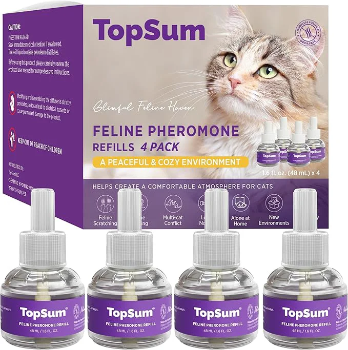 Modern TopSum Cat Calming Pheromone Diffuser Feline Pheromones Plug in for Stress Along At Home Spraying Fighting Scratching Aggression Excessive Meowing Purple– 4 Refills About This Official