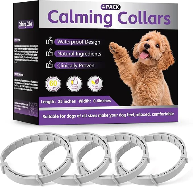 Sophisticated 4-Pack Dog Calming Collar with Natural Pheromones 60-Day Stress Anxiety Relief for Puppies Adult Dogs Waterproof Adjustable 25-Inch Fit Grey About This Smooth