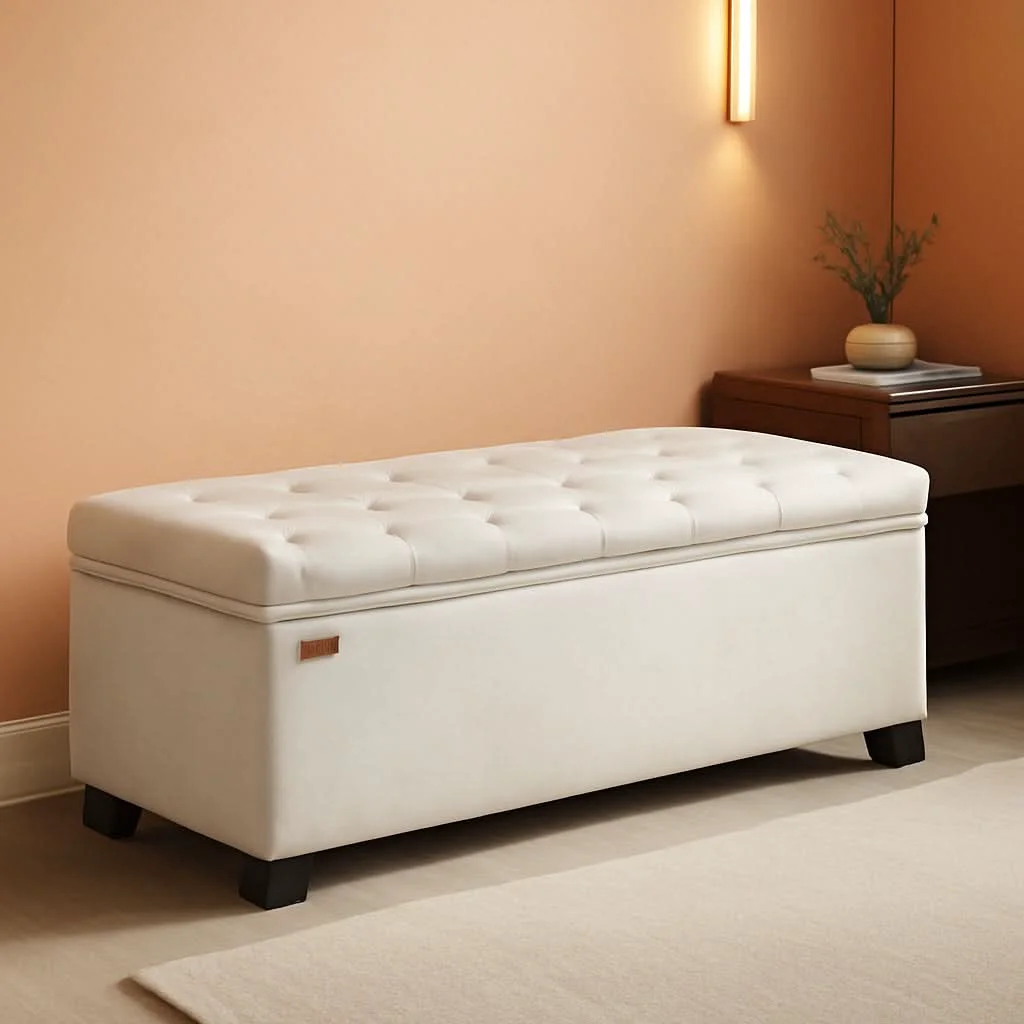 Efficient Cream Storage Ottoman Bench 43Inch Living Room Furniture Enhanced