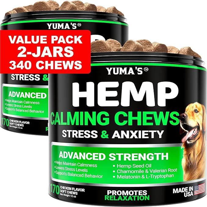 Comfortable YUMA’S 2 Pack Hemp Calming Chews for Dogs – Advanced Dog Calming Chews – Anxiety Relief Treats – Separation Aid Barking Stress Relief Thunderstorms – Melatonin – Hemp Oil – Made in USAAbout This Original