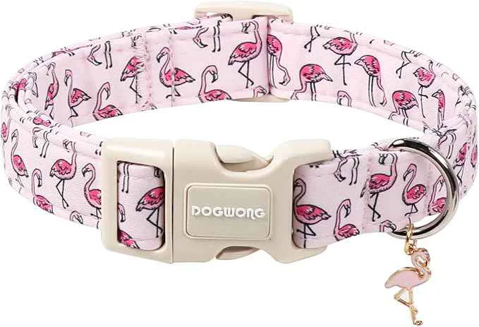 Superior DOGWONG Cute Pet Dog Collar Pink Flamingos Cotton Dog Collar- Soft Girl Puppy High-Grade